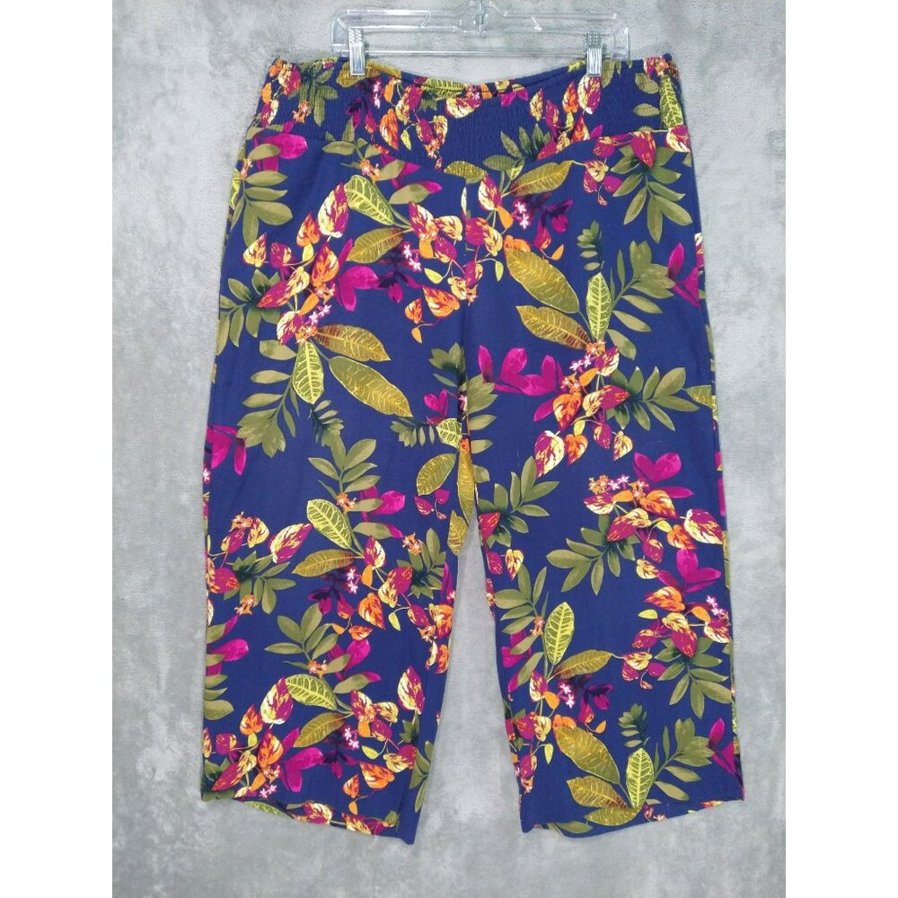 J Jill Pants Womens XL Floral Wide Leg Elastic Waist Pull On Crop Beachy Coastal